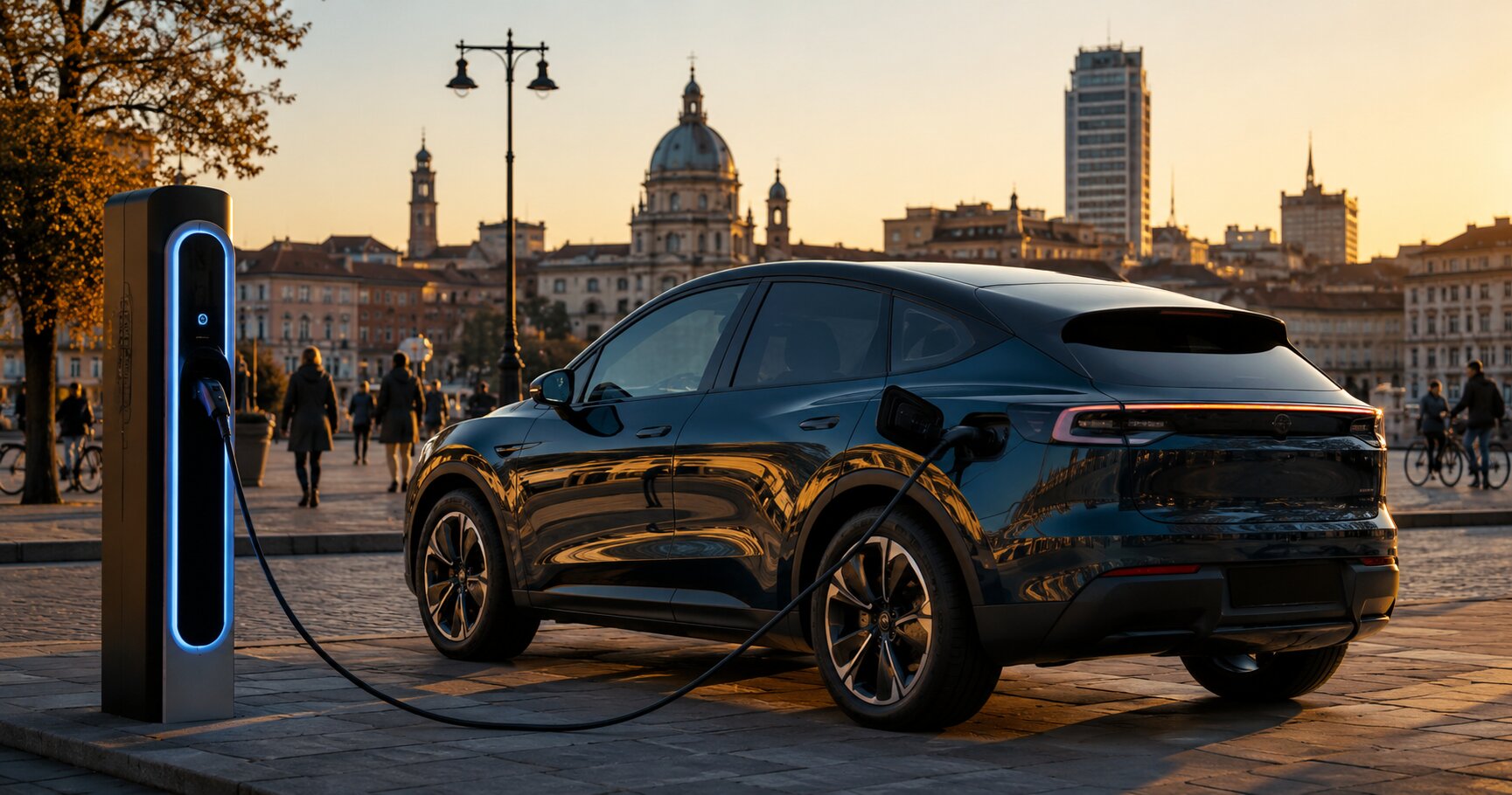 Auto elettrica in ricarica davanti a una colonnina pubblica al tramonto, con grafici di risparmio fiscale sovraimpressi per NLT BEV 2026