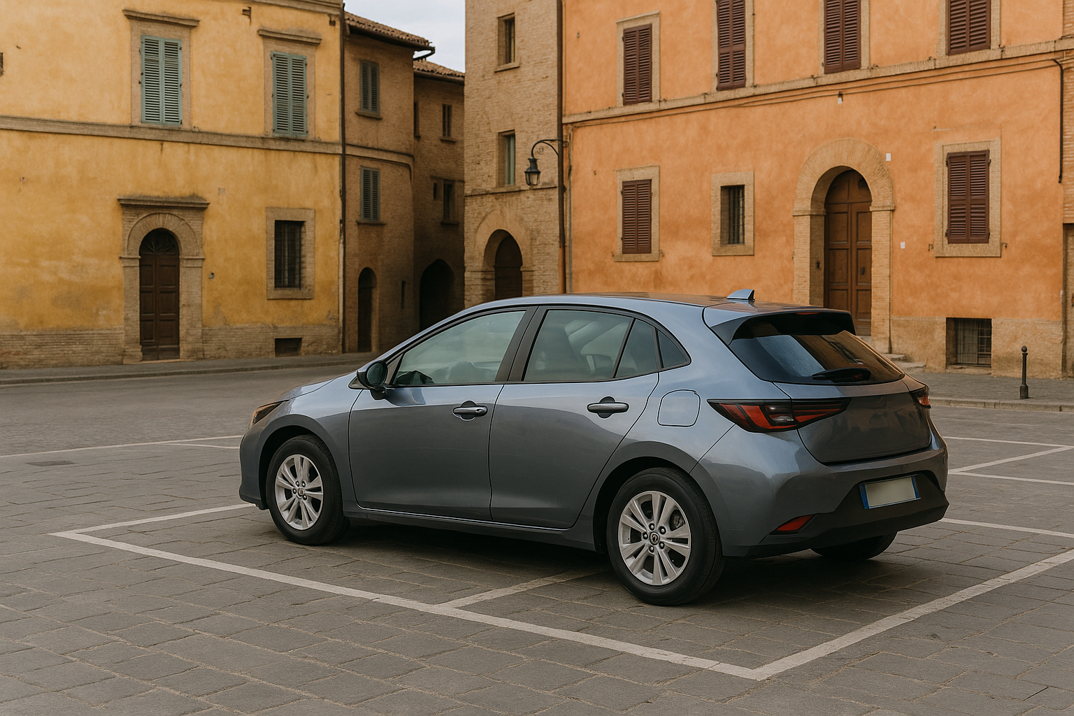 Auto ibrida HEV metallic blue parcheggiata in un centro storico italiano, simbolo del noleggio lungo termine ibrido full hybrid 2026