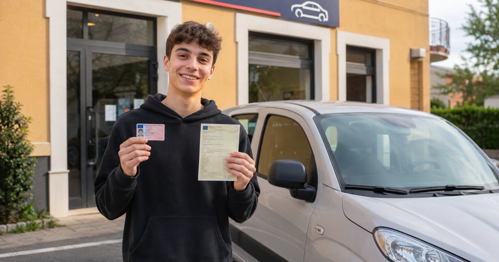 Giovane neopatentato davanti a una piccola auto ibrida con libretto di circolazione in mano, simbolo del calcolo potenza/tara per NLT neopatentati 2026