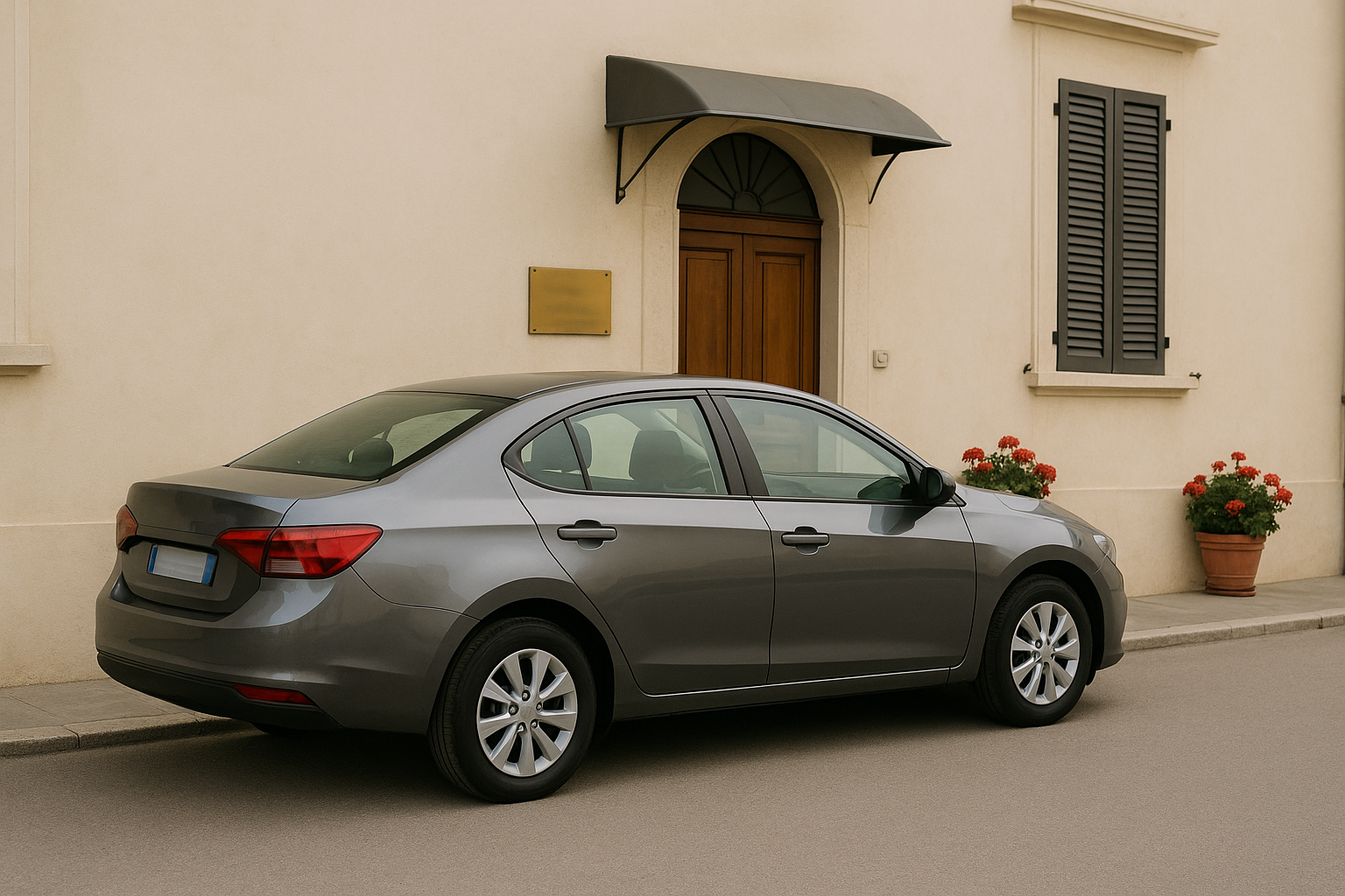 Berlina grigia parcheggiata davanti a uno studio professionale italiano, simbolo del noleggio lungo termine per Partita IVA 2026