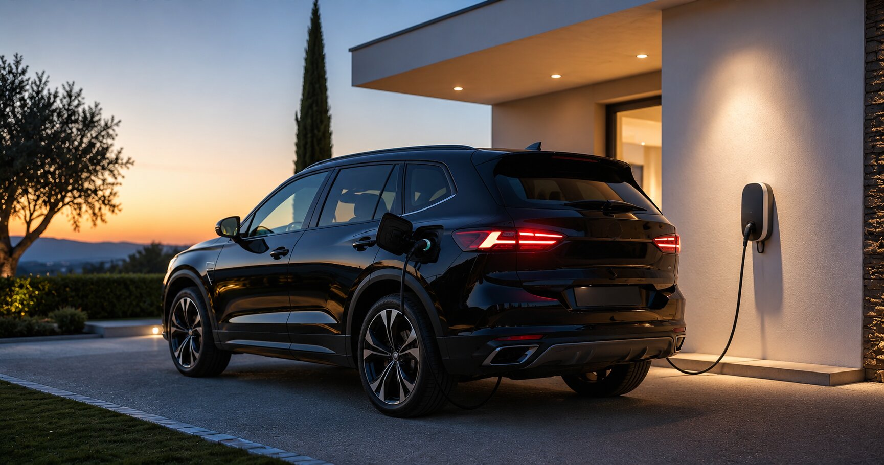 Auto ibrida plug-in collegata a wallbox domestica all'imbrunire, con paesaggio urbano sullo sfondo, simbolo della doppia modalità elettrico-termica per autonomia mista NLT PHEV 2026