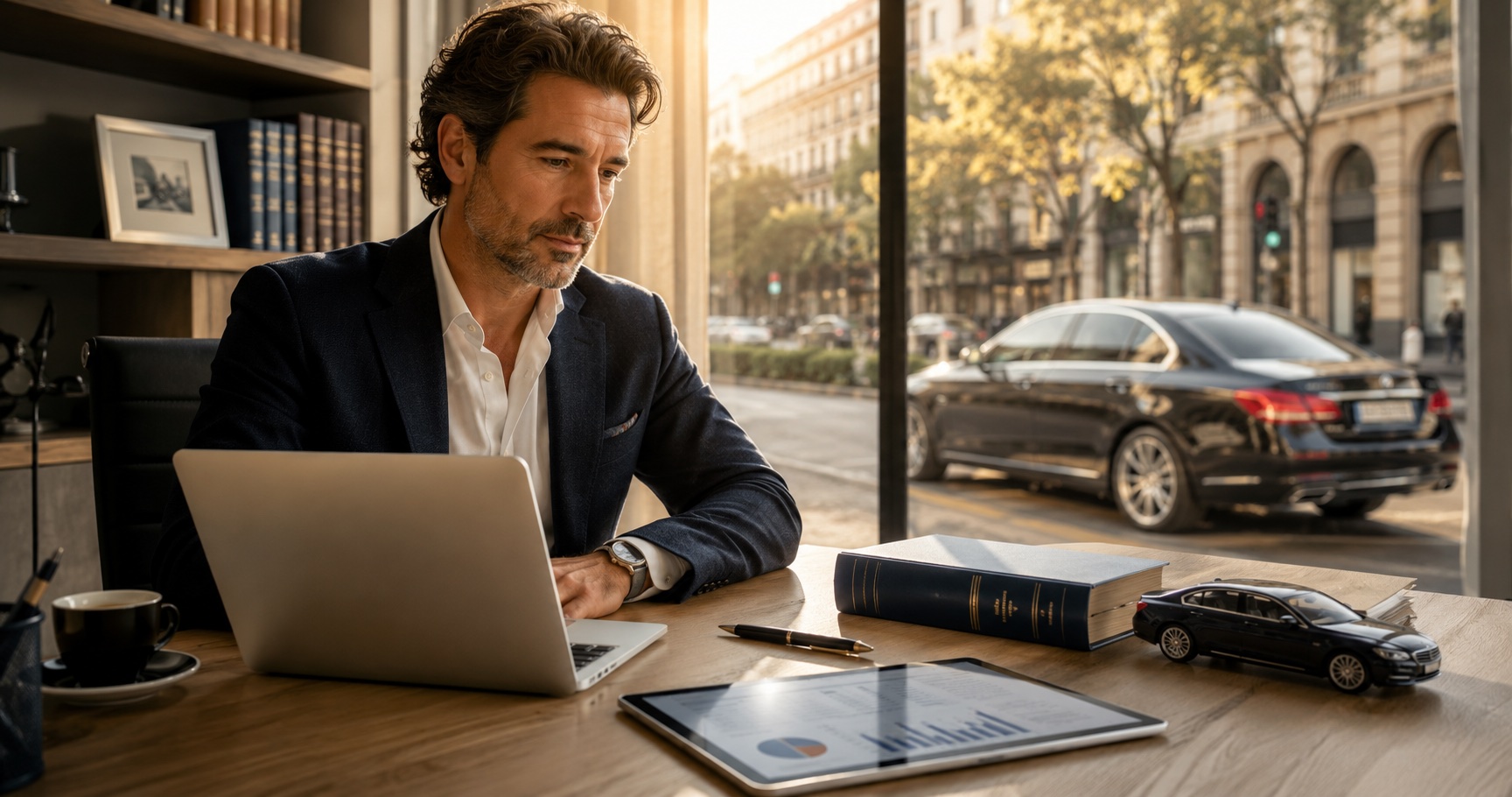 Professionista con tablet che calcola la deducibilità del canone NLT auto secondo l'art. 164 TUIR 2026
